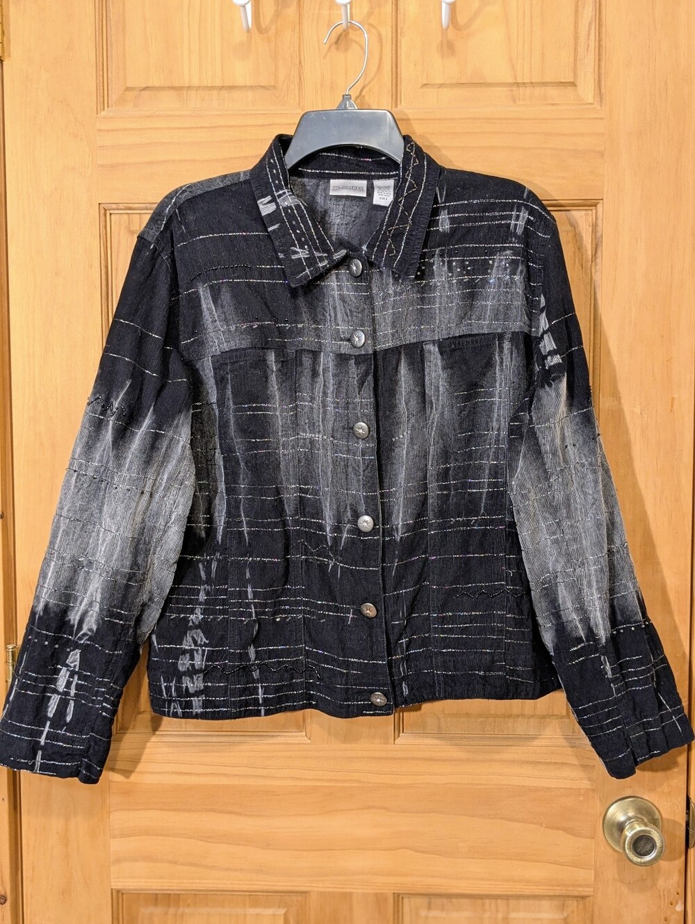Chicos Jacket Corduroy Beaded Embroidered Rhinestone Black Gray Sz 2/Lg Travel